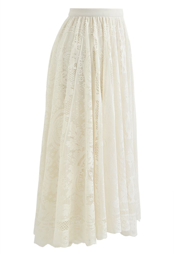 Divine Floral Lace Midi Skirt in Cream - Retro, Indie and Unique Fashion