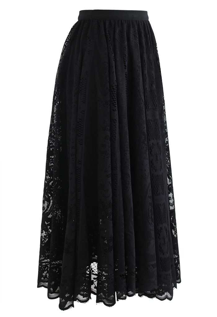 Divine Floral Lace Midi Skirt in Black - Retro, Indie and Unique Fashion