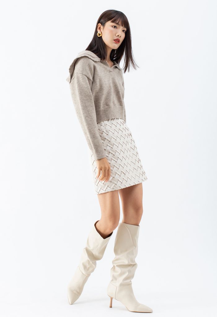 Peter Pan V-Neck Knit Crop Sweater in Taupe