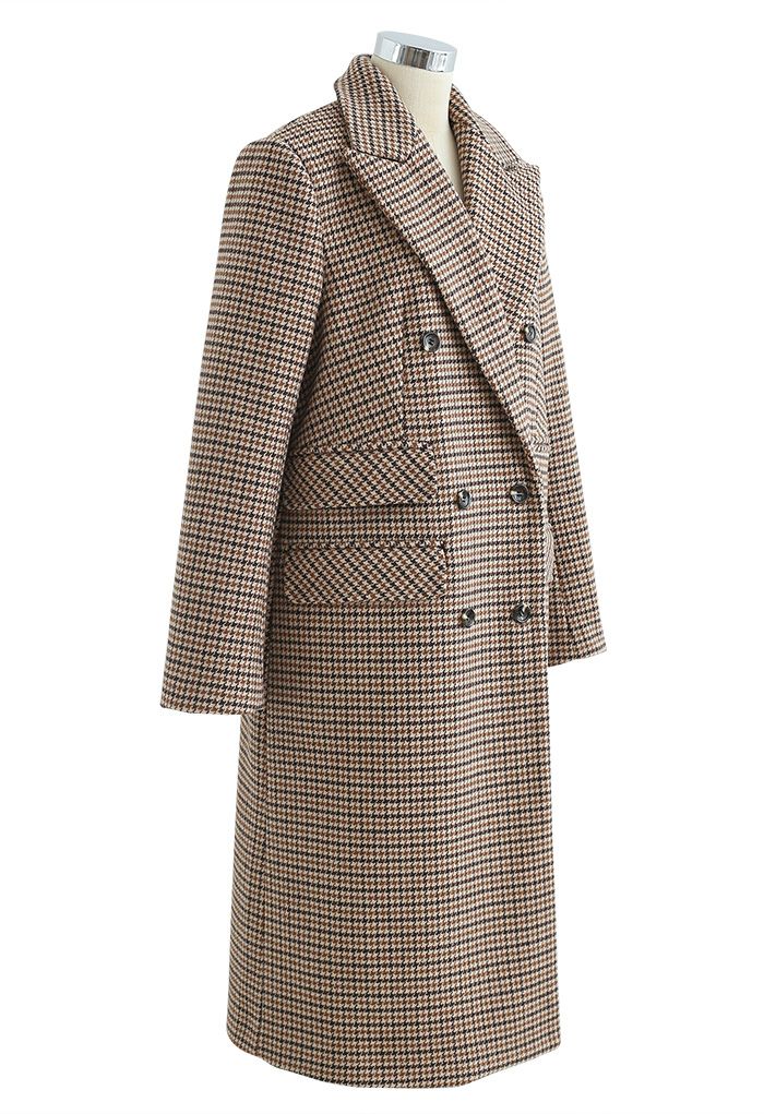 Houndstooth Double-Breasted Wool Blend Longline Coat in Tan