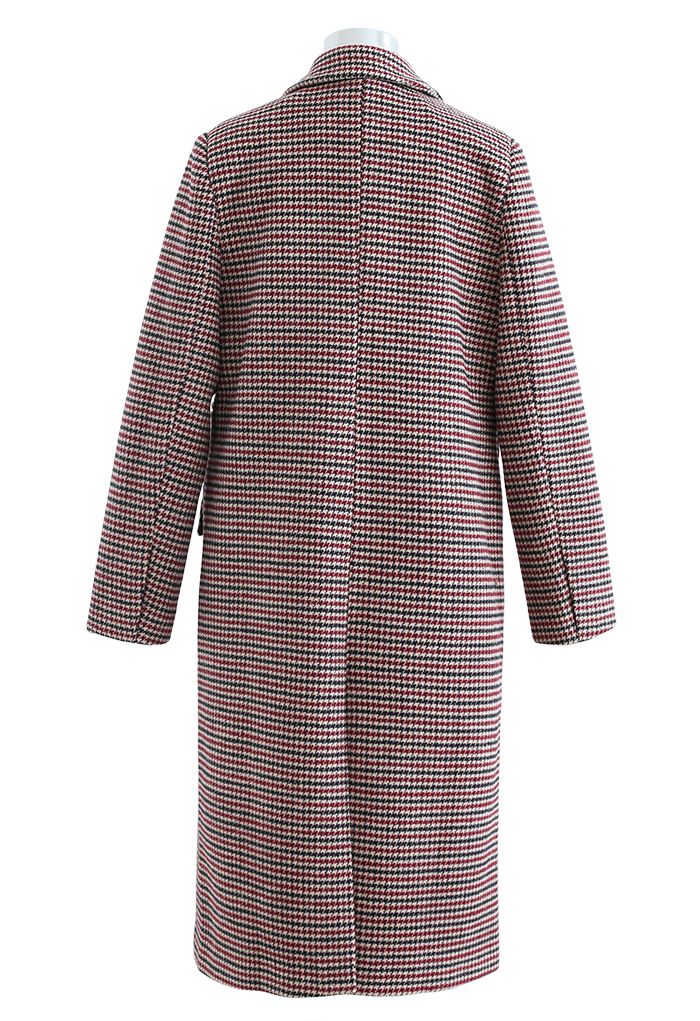 Houndstooth Double-Breasted Wool Blend Longline Coat in Wine - Retro ...