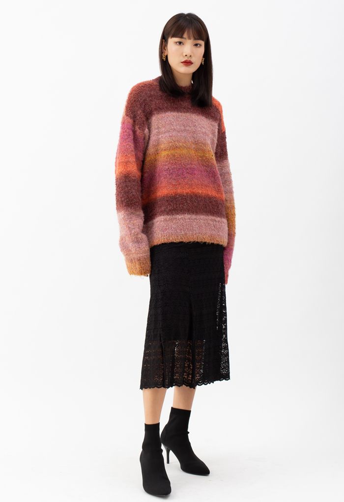 Ombre Striped Oversized Knit Sweater in Berry