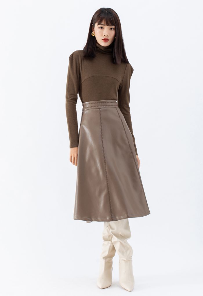 Stitch Faux Leather A-Line Midi Skirt in Taupe - Retro, Indie and ...