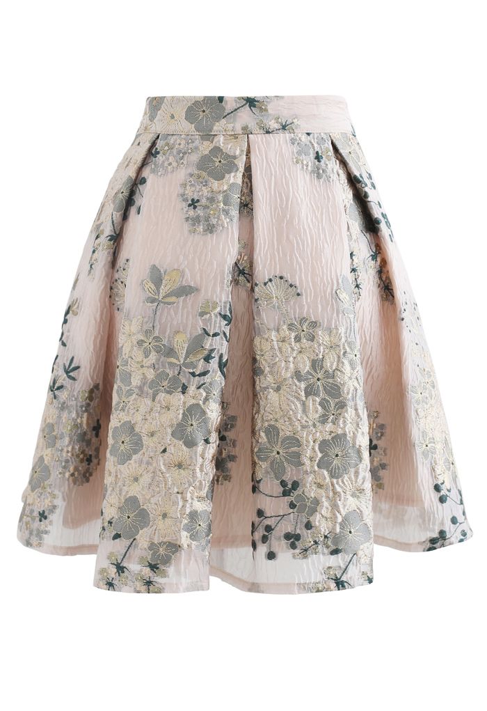 Golden Camellia Jacquard Embossed Pleated Mini Skirt