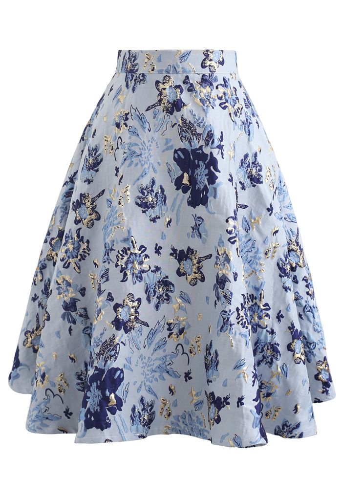 Blue Floral Embossed Jacquard Midi Skirt - Retro, Indie and Unique Fashion