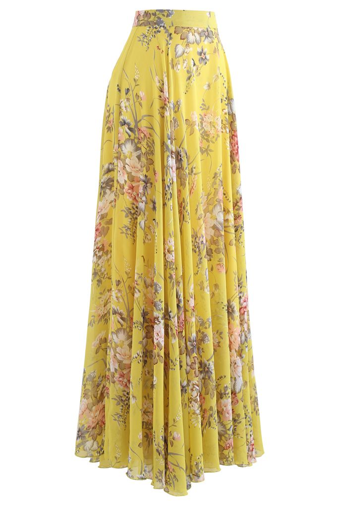 Timeless Favorite Floral Chiffon Maxi Skirt in Yellow - Retro, Indie ...