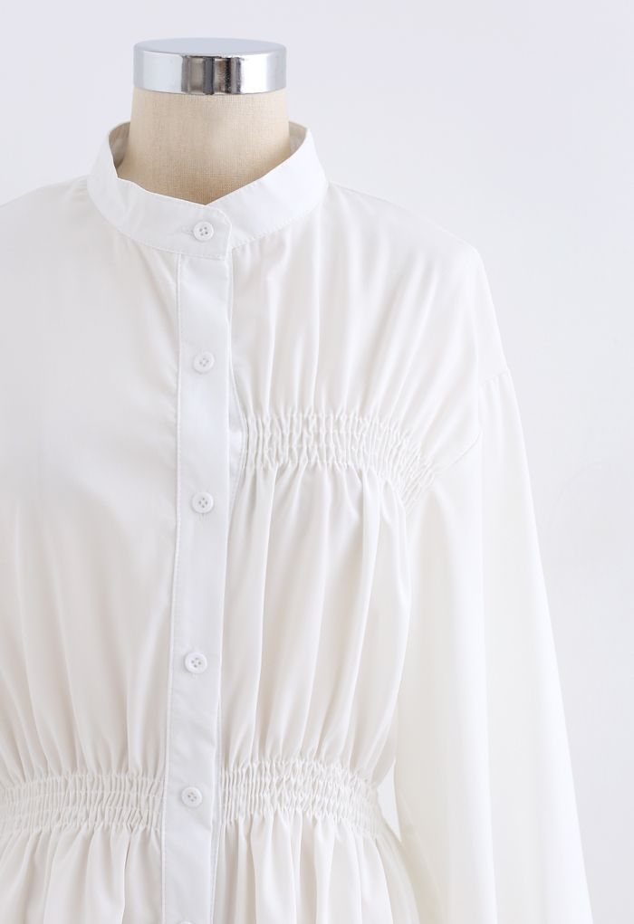Asymmetric Shirred Button Down Shirt Dress in White - Retro, Indie and ...
