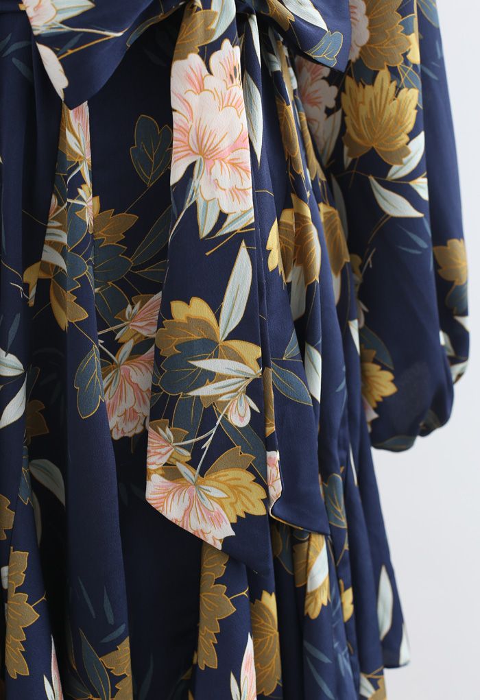 Navy Floral Printed Bubble Sleeves Frilling Dress