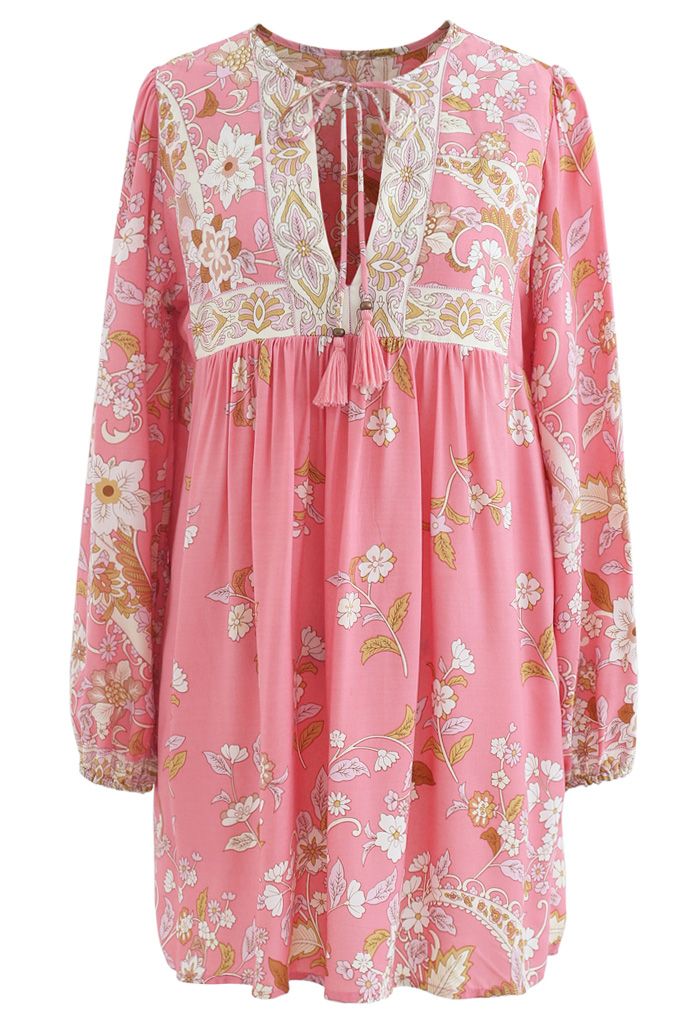 Long-Sleeve Floral Tassel Dolly Tunic in Pink - Retro, Indie and Unique ...