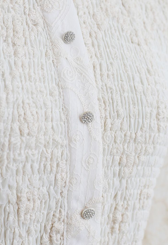 Creamy Shirred Embroidered Mesh Midi Dress