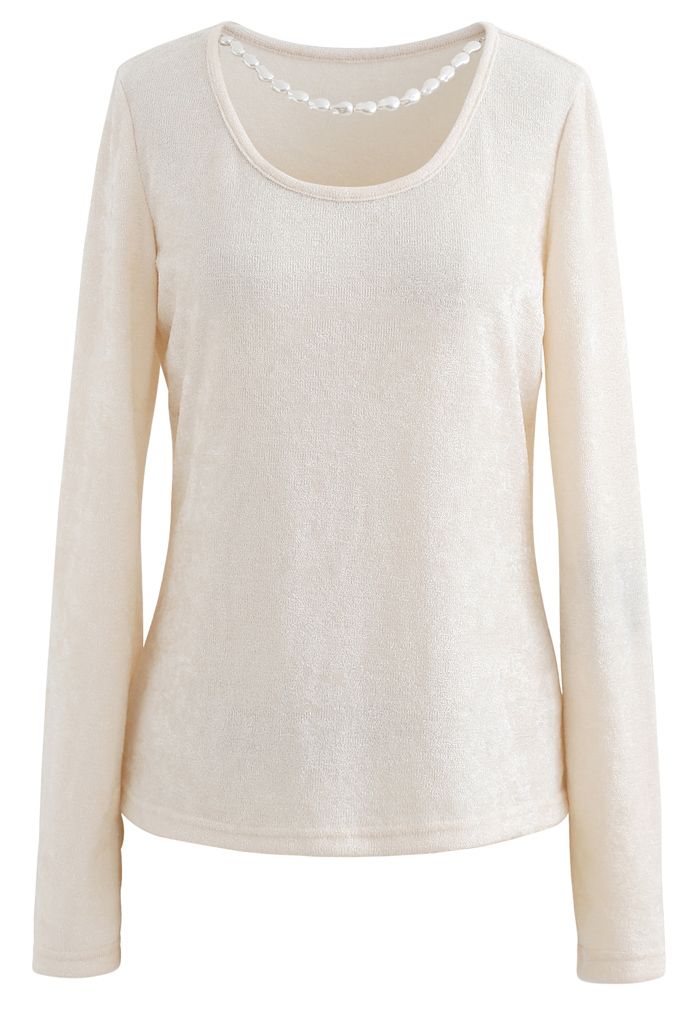 Necklace Fuzzy Long-Sleeve Top in Cream