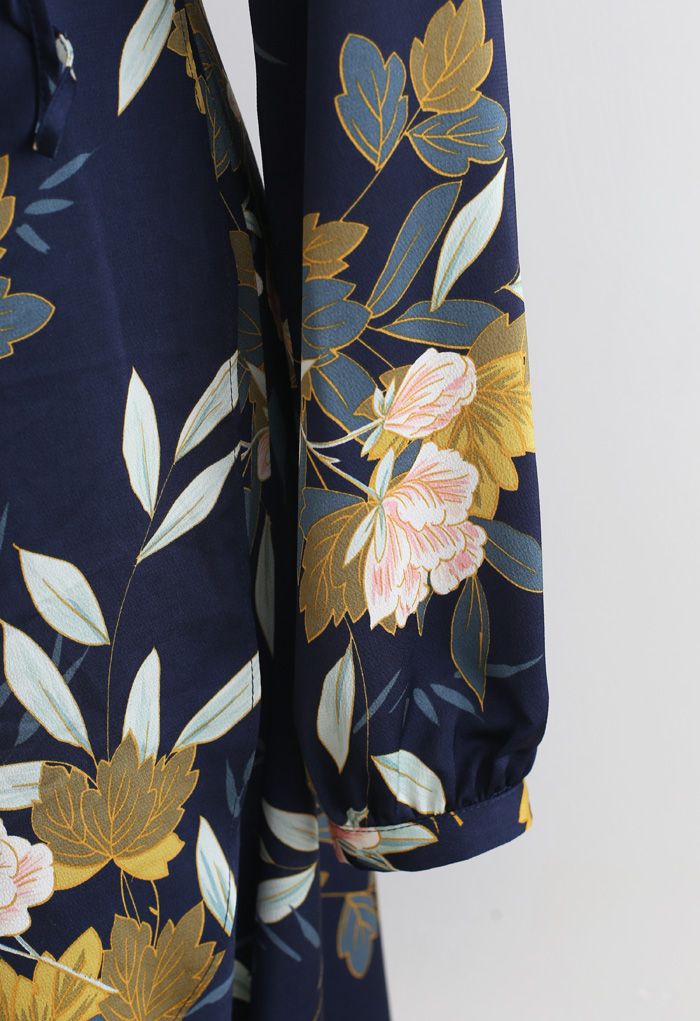 Navy Floral Printed Self-Tie Wrap Dress