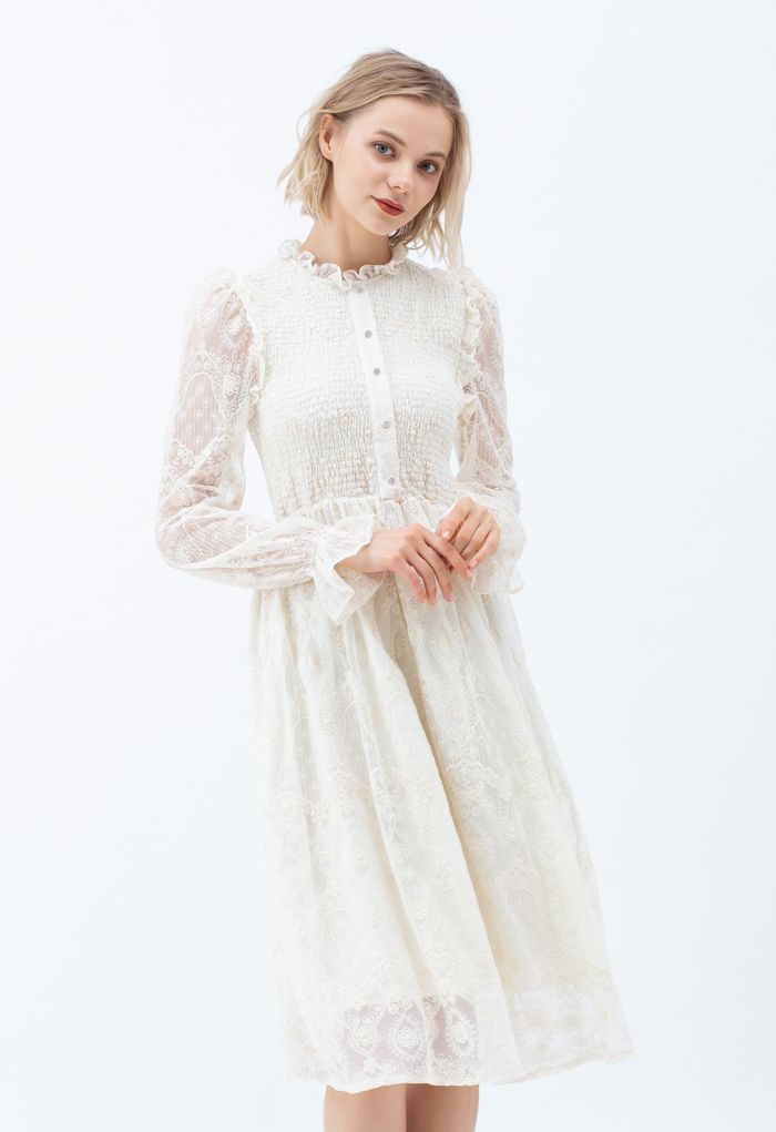 Creamy Shirred Embroidered Mesh Midi Dress