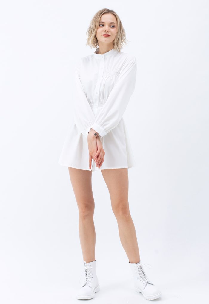 Asymmetric Shirred Button Down Shirt Dress in White