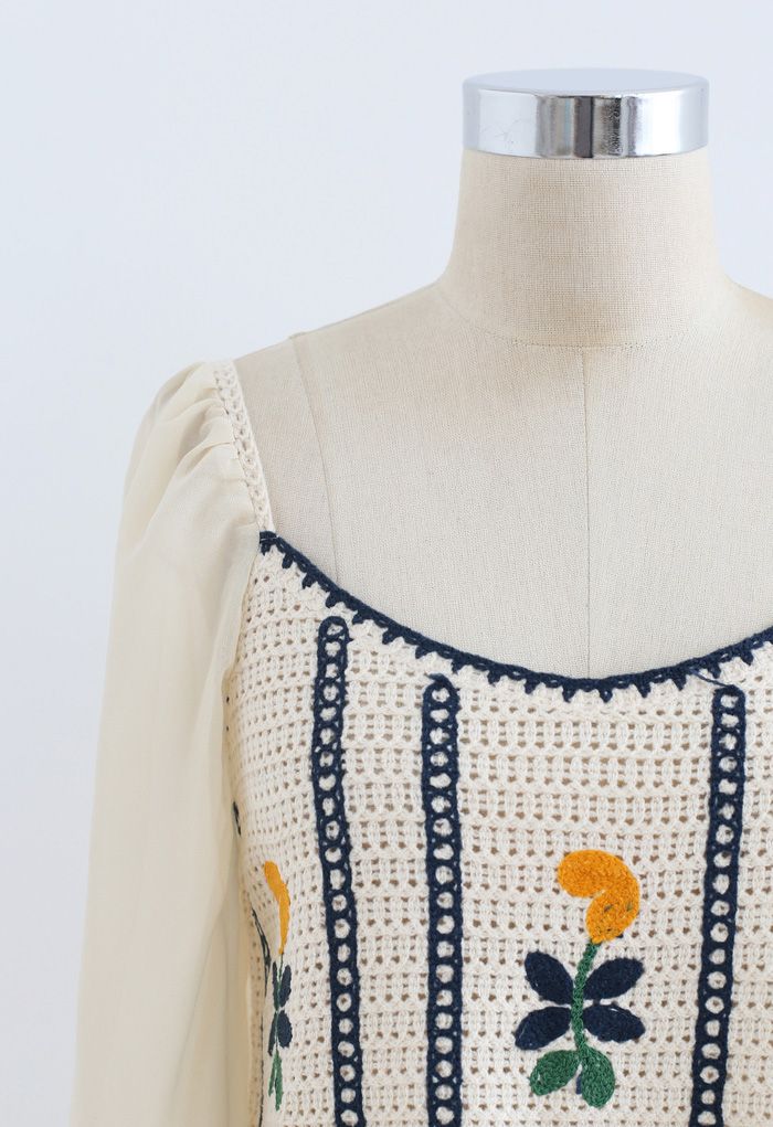 Embroidered Crochet Spliced Peplum Top