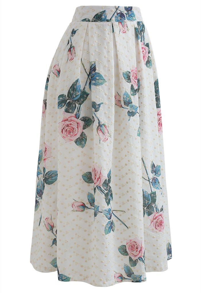 Rose Print Eyelet Embroidered Pleated Midi Skirt - Retro, Indie and ...