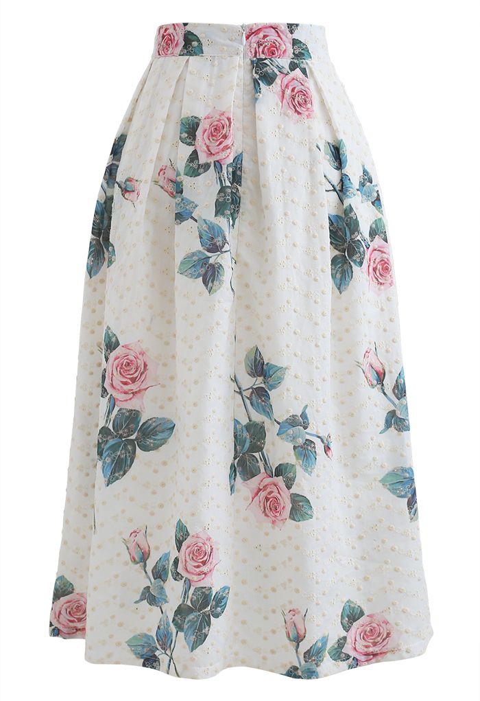 Rose Print Eyelet Embroidered Pleated Midi Skirt - Retro, Indie and ...