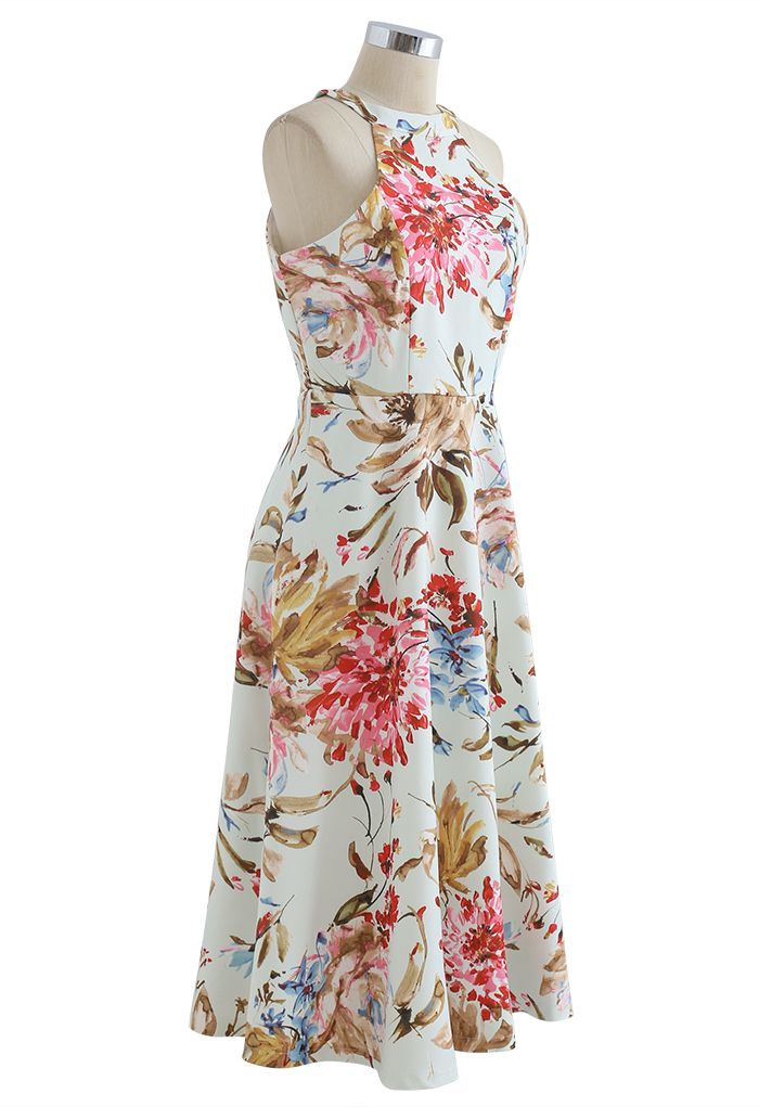 Gorgeous Floral Print Halter Neck Midi Dress in Pink - Retro, Indie and ...