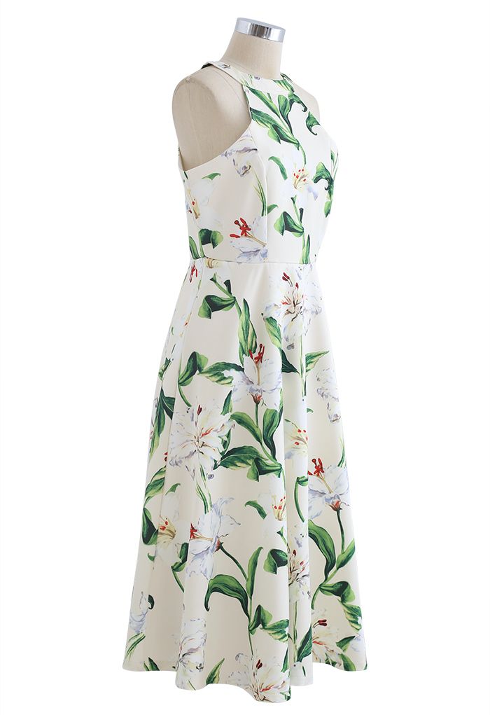 Gorgeous Floral Print Halter Neck Midi Dress in Green - Retro, Indie ...