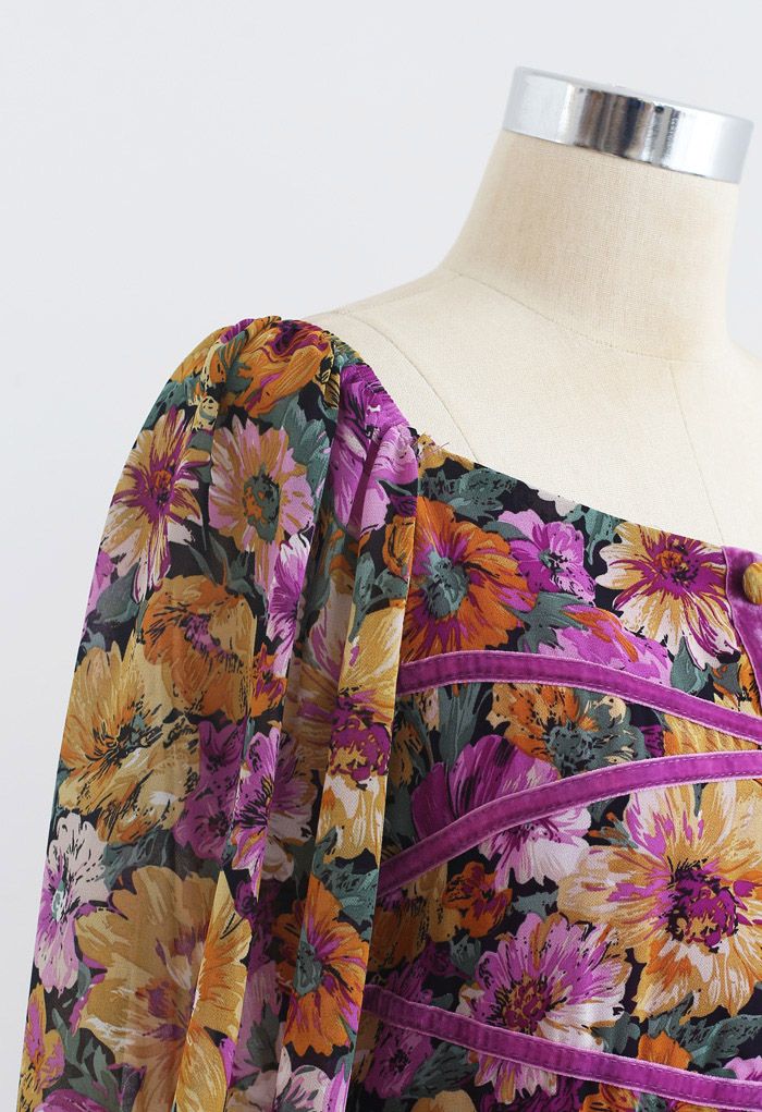 Vivid Bloom Square Neck Sheer Midi Dress