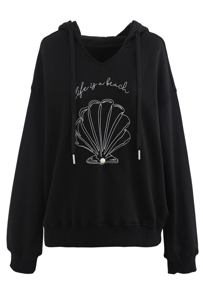 Scallop Embroidered Pearl Trim Hoodie in Black - Retro, Indie and ...
