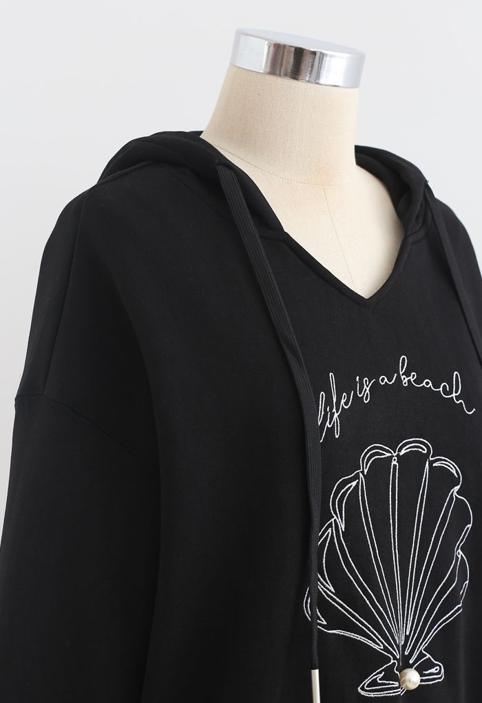 Scallop Embroidered Pearl Trim Hoodie in Black