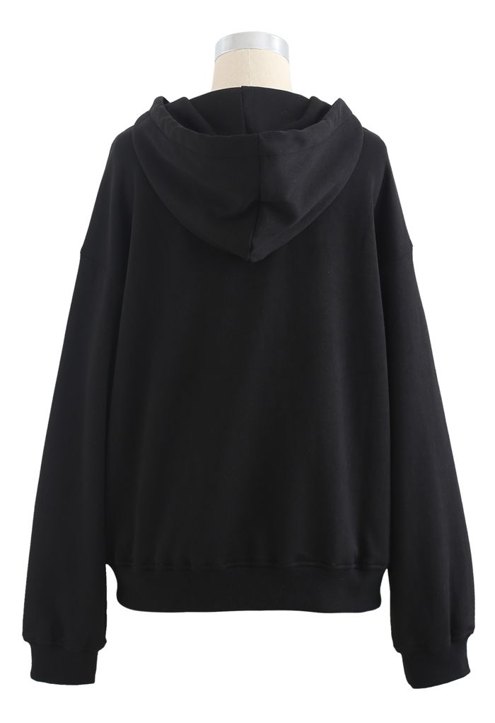 Scallop Embroidered Pearl Trim Hoodie in Black