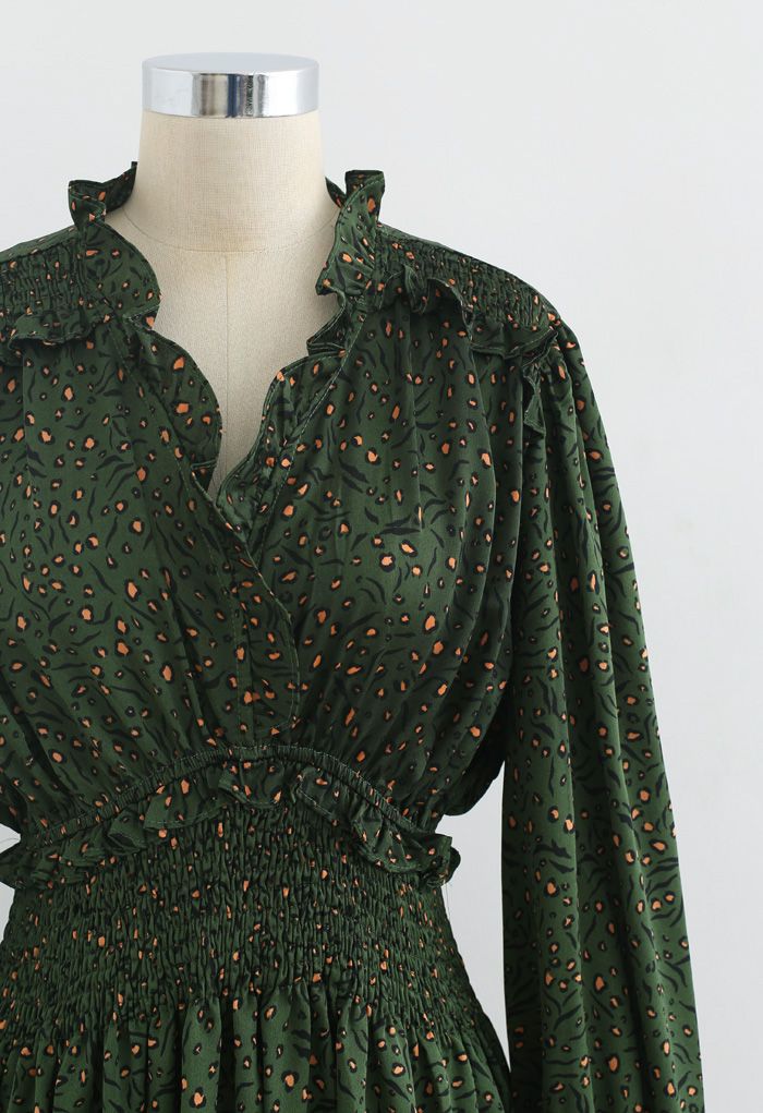 Green Ruffle V-Neck Shirred Maxi Dress
