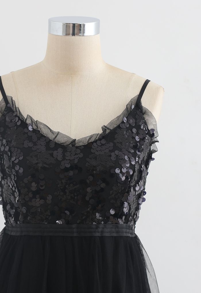 Sequined Shirred Mesh Cami Dress in Black - Retro, Indie and Unique Fashion
