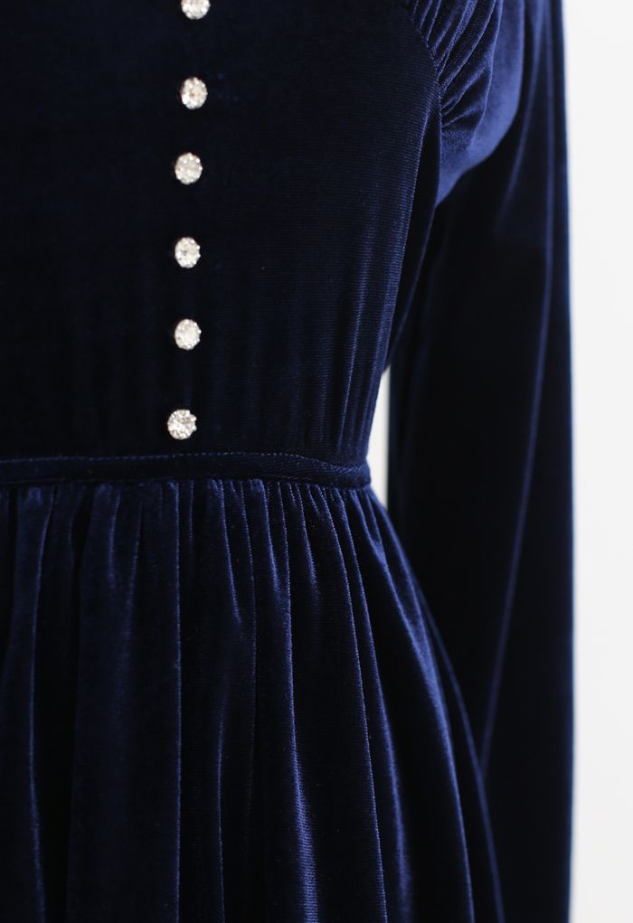 Button Trim V-Neck Ruched Velvet Dress in Navy