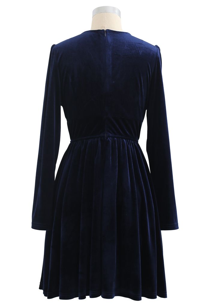 Button Trim V-Neck Ruched Velvet Dress in Navy - Retro, Indie and ...