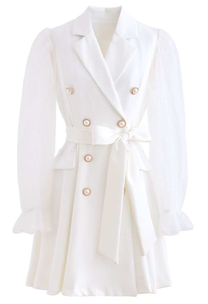 Polka Dot Mesh Sleeves Blazer Dress in White
