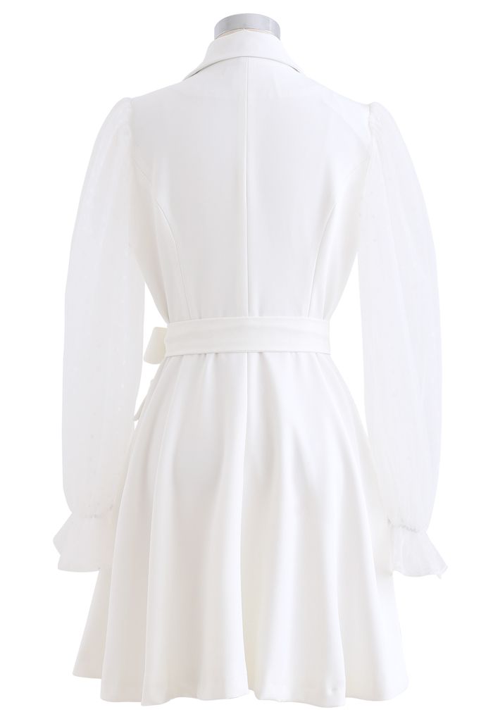 Polka Dot Mesh Sleeves Blazer Dress in White
