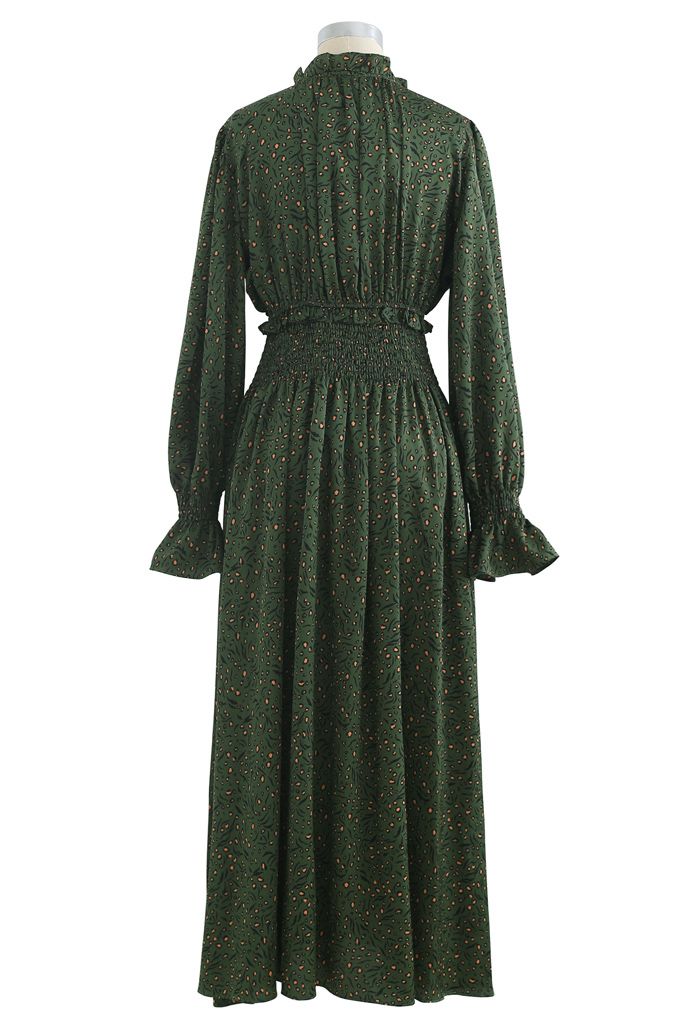Green Ruffle V-Neck Shirred Maxi Dress
