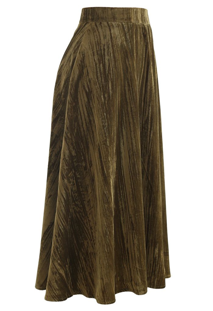 Velvet Flare Hem Midi Skirt in Moss Green - Retro, Indie and Unique Fashion