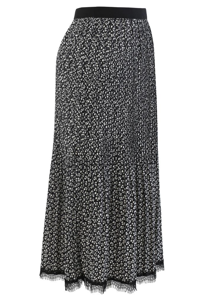 Floret Lace Hem Pleated Midi Skirt in Black - Retro, Indie and Unique ...