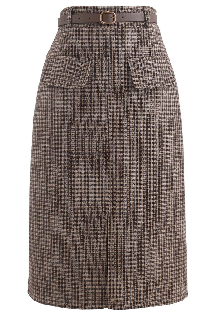 Dual Fake Pocket Belted Plaid Pencil Skirt - Retro, Indie and Unique ...