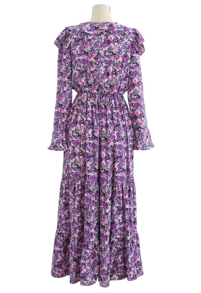 Bright Bloom Wrap Ruffle Maxi Dress in Purple