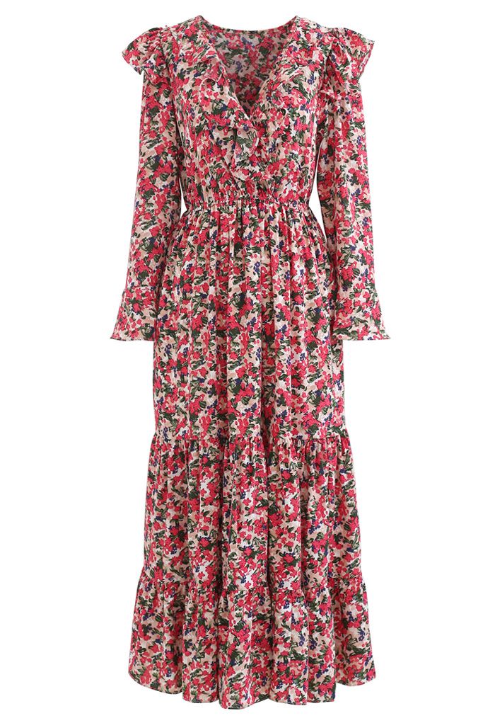 Bright Bloom Wrap Ruffle Maxi Dress in Red - Retro, Indie and Unique ...