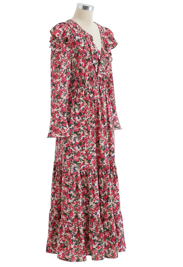 Bright Bloom Wrap Ruffle Maxi Dress in Red