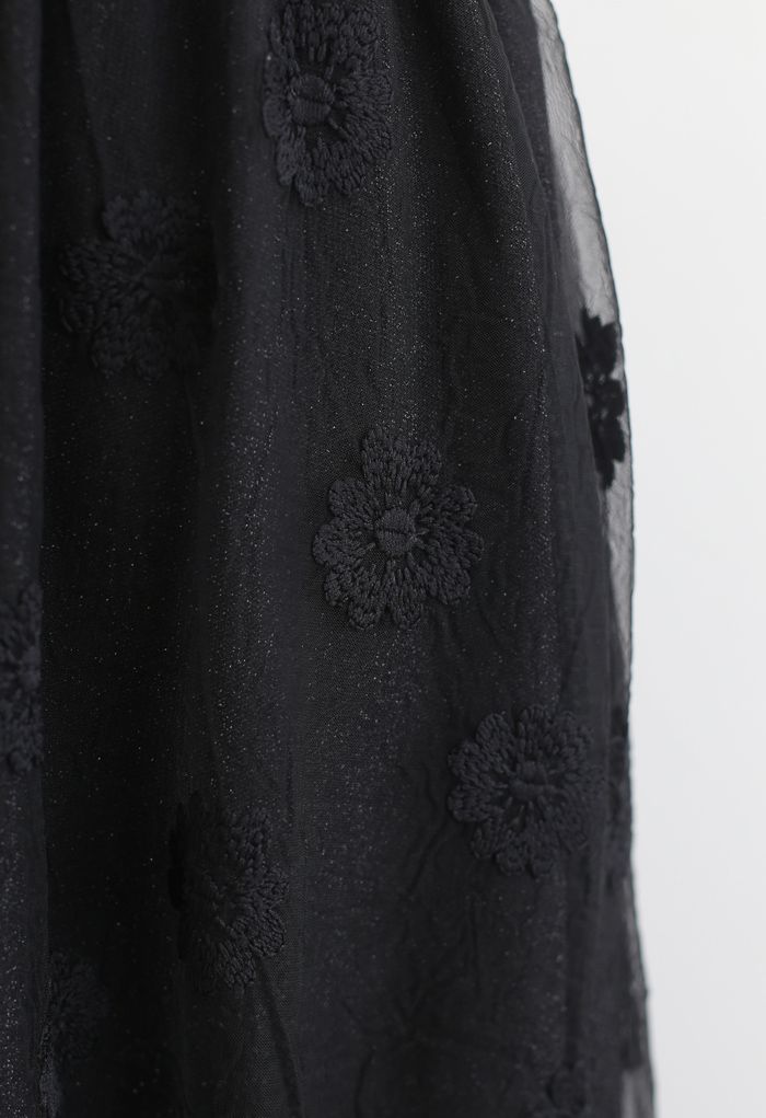 Embroidered Floral Organza Midi Skirt in Black - Retro, Indie and ...