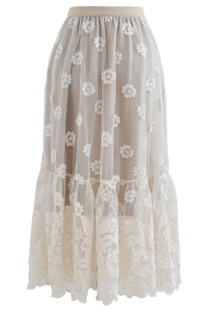 Embroidered Floral Organza Midi Skirt in Cream - Retro, Indie and ...