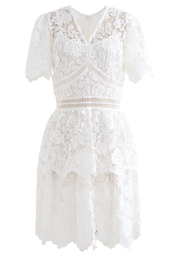 Full Flowers Crochet V-Neck Layered Dress in White