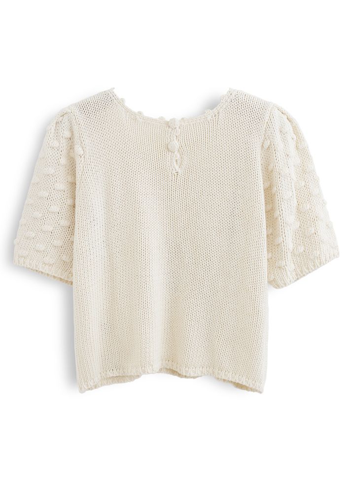 Diamond Pom-Pom Hand Knit Short-Sleeve Top in Cream - Retro, Indie and ...