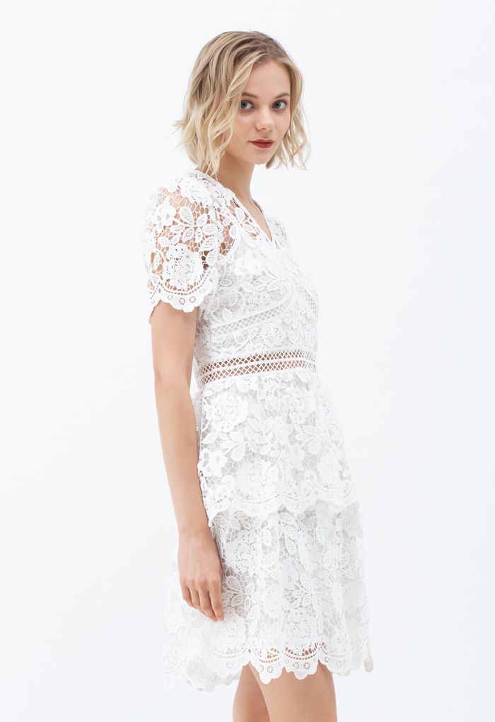 Full Flowers Crochet V-Neck Layered Dress in White
