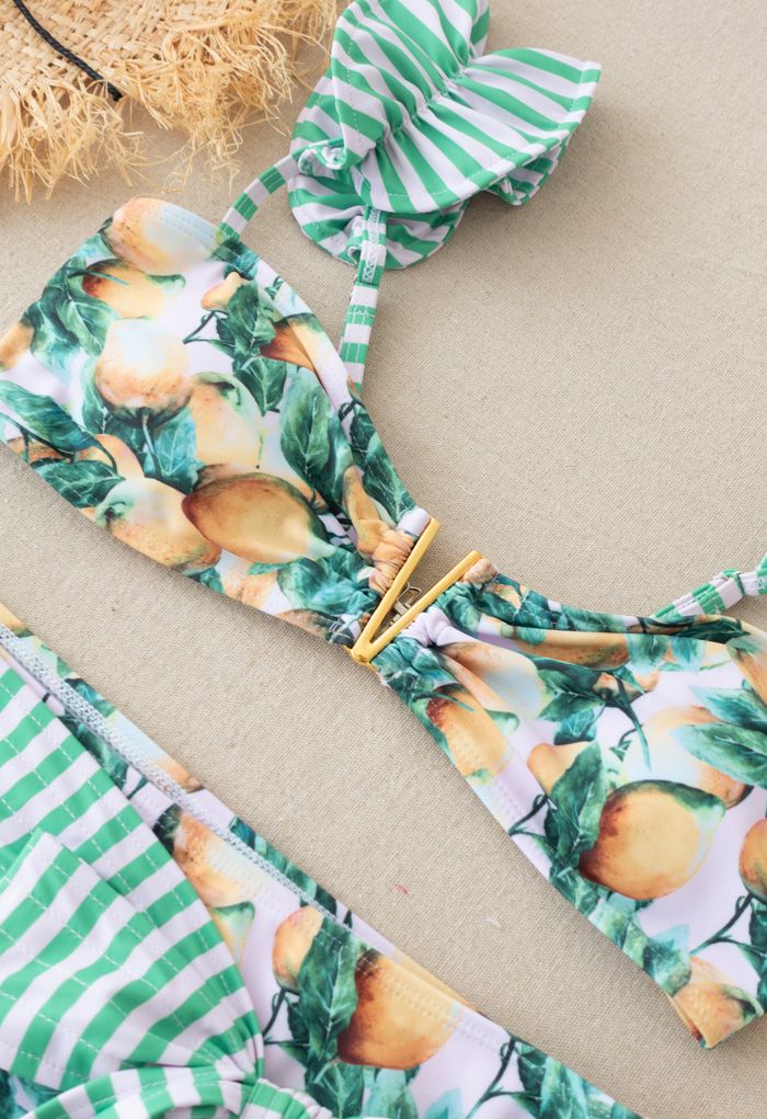Striped Lemon Print Bowknot Bikini Set
