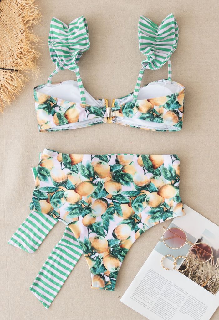 Striped Lemon Print Bowknot Bikini Set