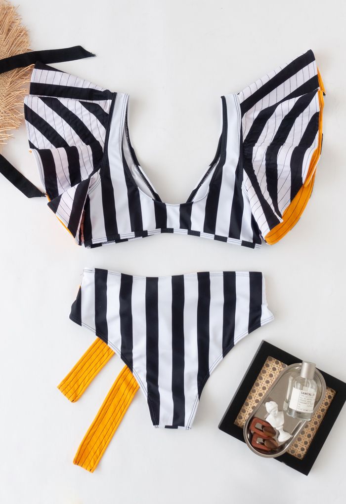 Black and White Stripe Ruffle Bowknot Bikini Set