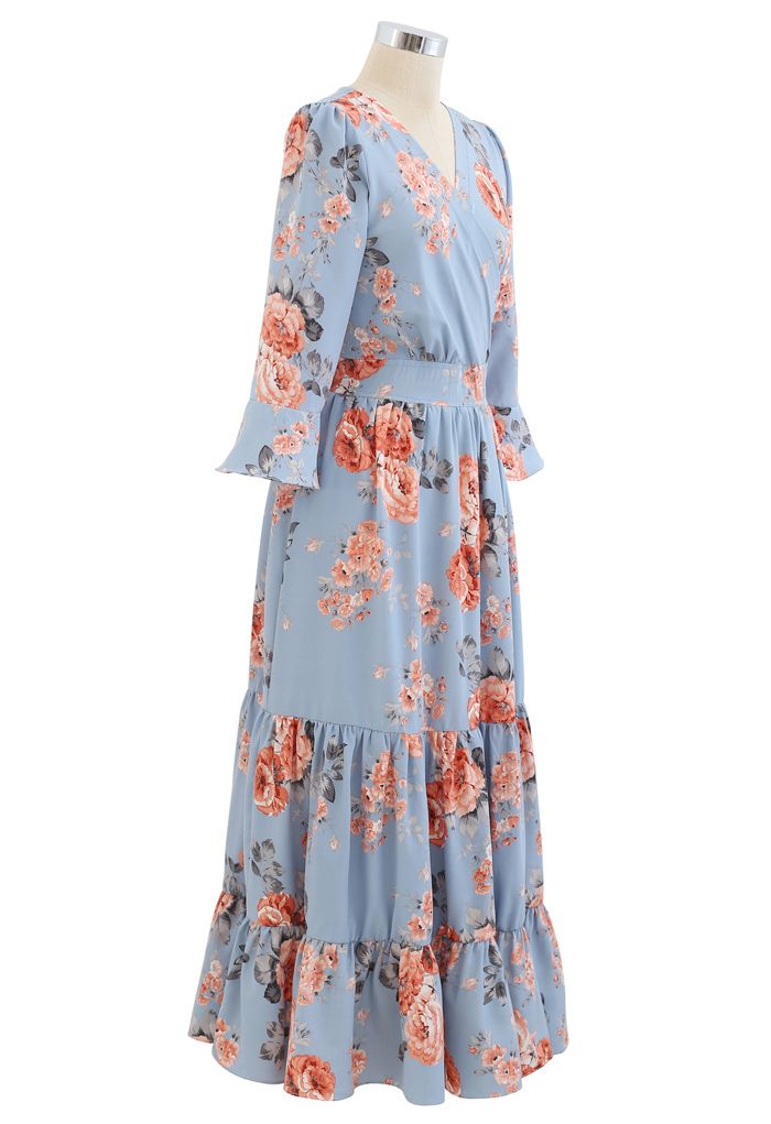 Pink Peony Wrap Ruffle Maxi Dress in Blue - Retro, Indie and Unique Fashion