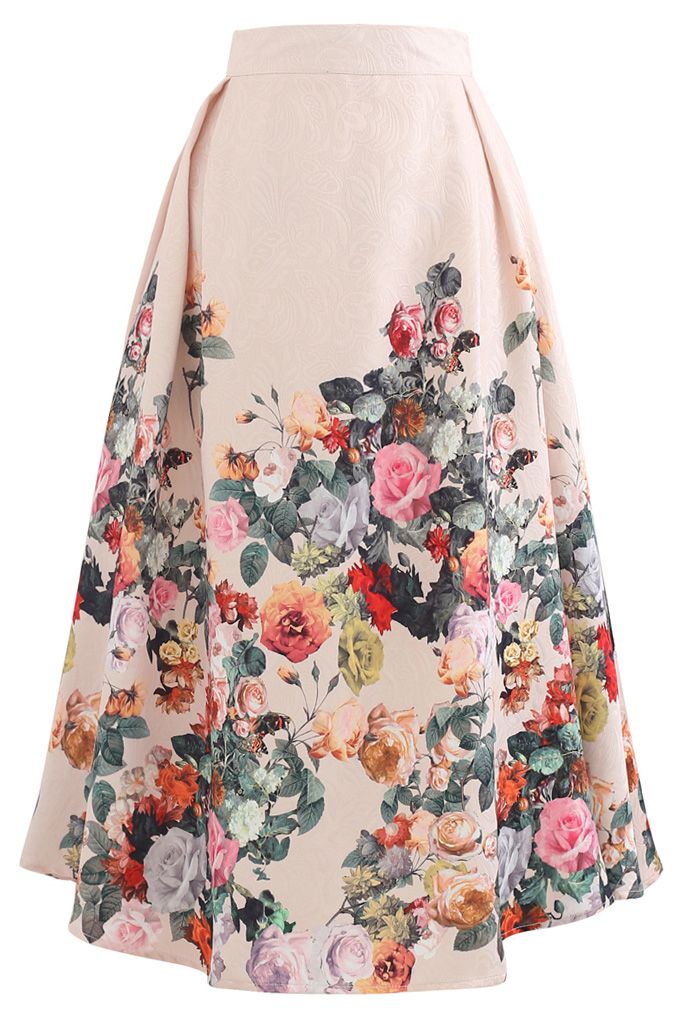 Wild Rose Print Embossed Midi Skirt - Retro, Indie and Unique Fashion